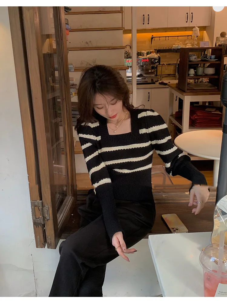 المرأة محبوك سترة ساحة طوق فقاعة Sve مخطط اللون Blo التخسيس خمر Sle طويل Sve الدافئة تخفيف Faion #2