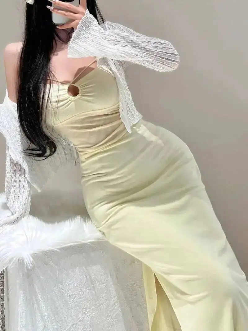 Sexy Hollow Out Suspender Dress Elegant For Women Summer Pure Desire Mesh Patchwork Long Dresses Purple Sweet Women D6SB