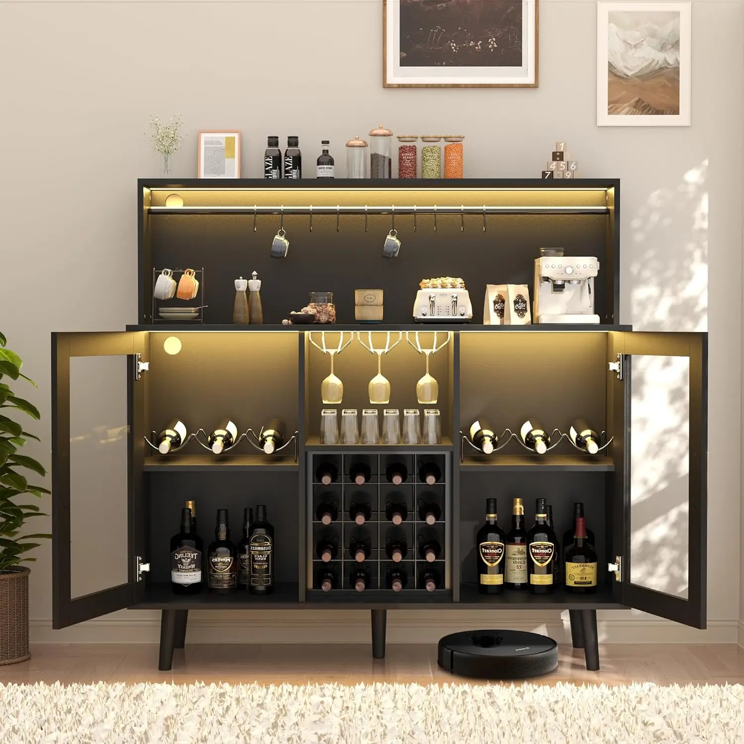 Mueble Bar para Café y Vino con Luces LED, Estante para Copas y Almacenamiento Extraíble, Buffet para Sala de Estar, Comedor y Cocina, Negro, Personalizable