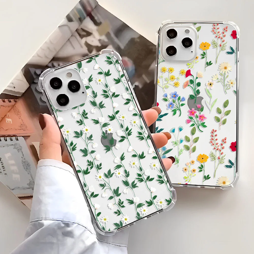 Floral Leaves Plants Phone Case For iPhone 14 13 12 11 Pro X XS XR Max 7 8 Plus SE 2020 3 Mini Flower Soft Clear TPU Back Cover