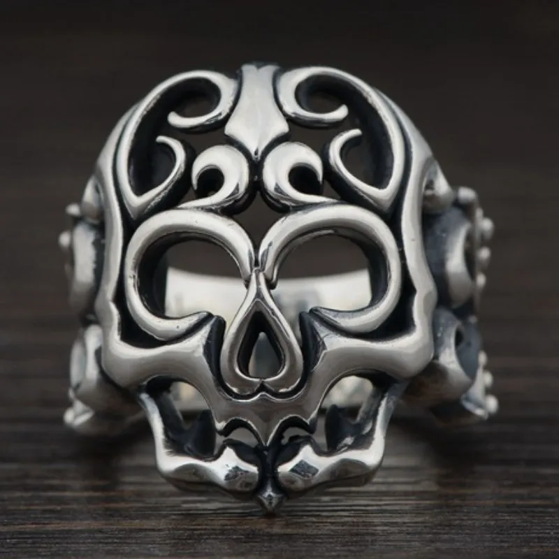 BOCAI S925 Sterling Silver Rings for Men New Fashion Retro Hollow Eternal Rattern Skull-ornaments Jewelry