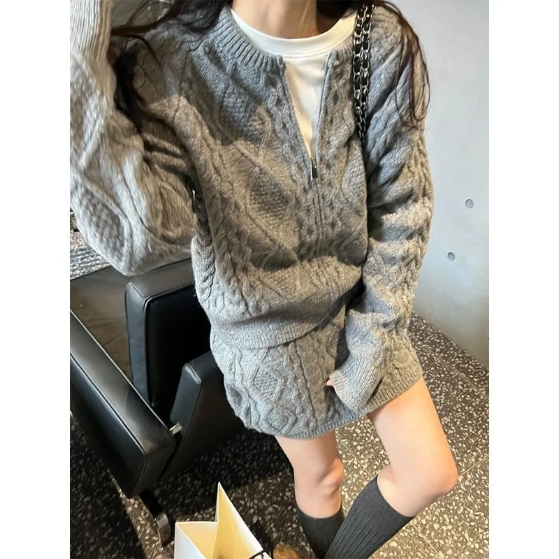 

Twisted sweater set Woman Short skirt with loose zipper jacket winter autumn knit pullover two-piece set for women sweater women