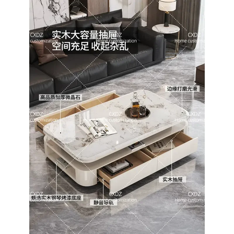 Solid Wood Piano Finish Modern Minimalist Coffee Table with Microcrystalline Stone Top and Storage Function for Living Room