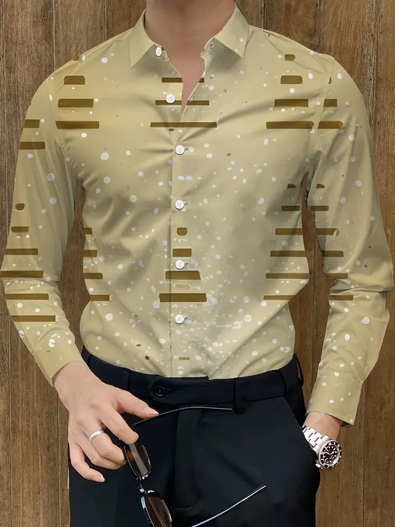 

Men's Spring and Autumn Button Collar Shirt, 3D Stripe Printed Long Sleeve Shirt, Fashionable Design Outdoor Men's Top