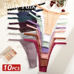 10 Pcs/Set Women Cotton Thongs Sexy Lace G-String Panties Female Intimates Lingerie Comfortable Underwear Fashion Solid Panties