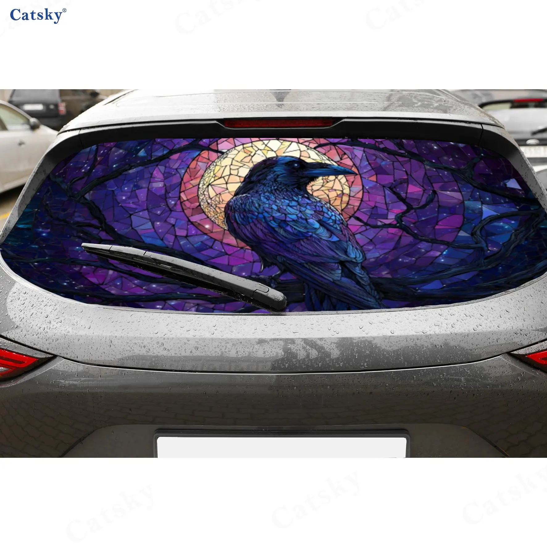 Gothic Moon Raven PVC Perforated Car Vinyl Wraps, Durable Car Rear Windshield Sticker, Waterproof Car Rear Window Decal