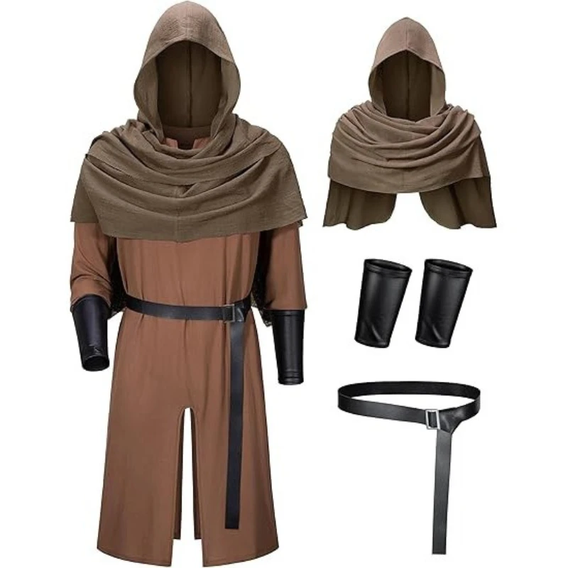 Men's Renaissance Medieval Knight Pirate Cosplay Costume Brown Robe Hooded Cape Cloak Stage Performance Halloween Party Outfit