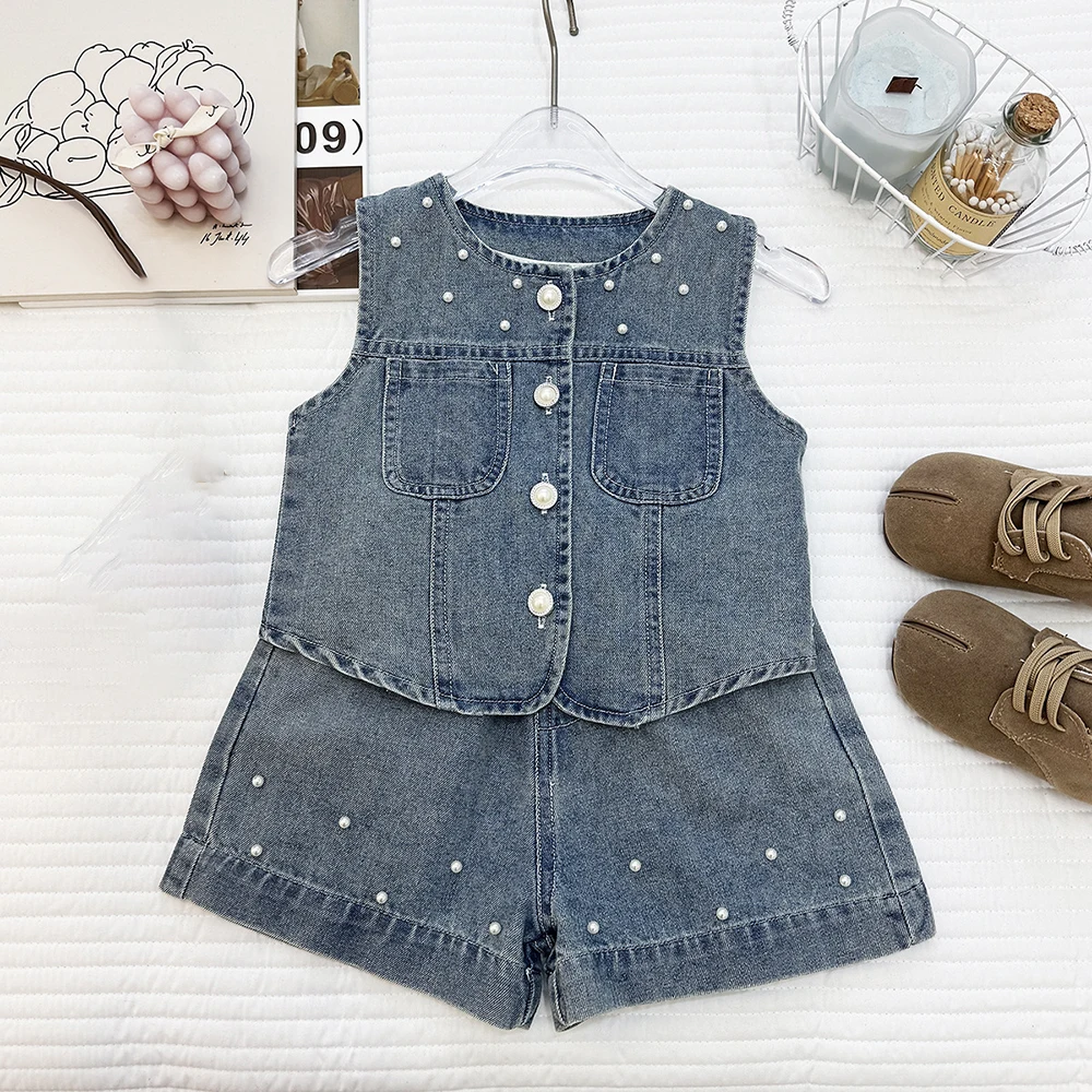 Summer Children Clothes Sets Pearl Beading Sleeveless Denim Tank Top+Shorts 2Pcs for Kids Girls Waistcoat Outfit Suit 2026 New