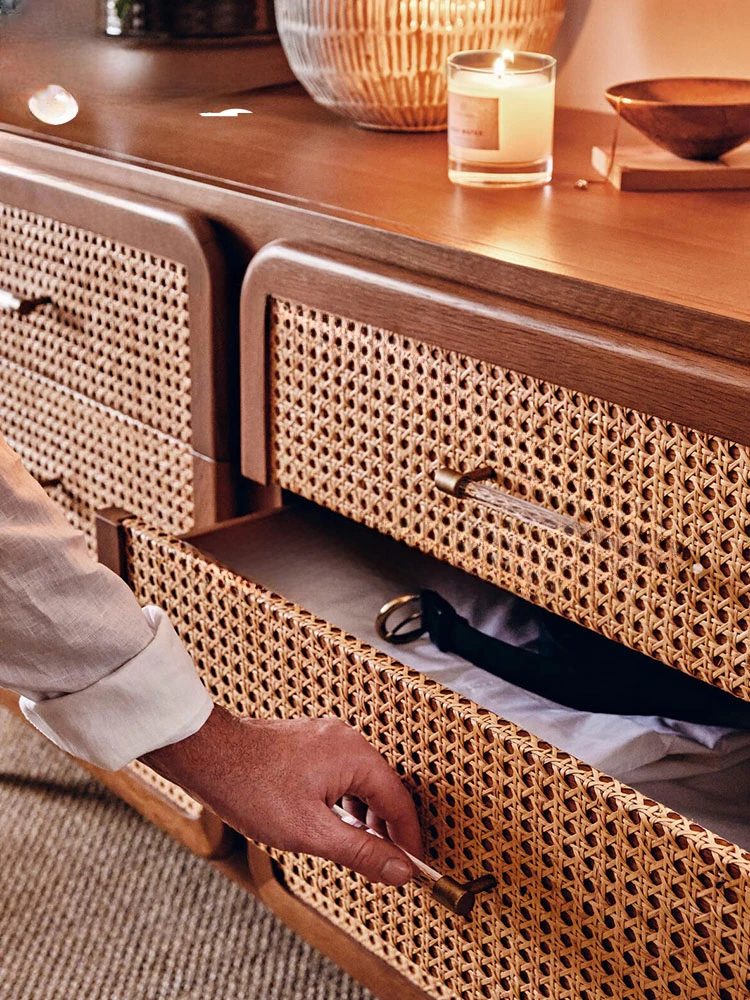 Aged solid wood rattan chest of drawers, chest of drawers, household walnut living room storage cabinet