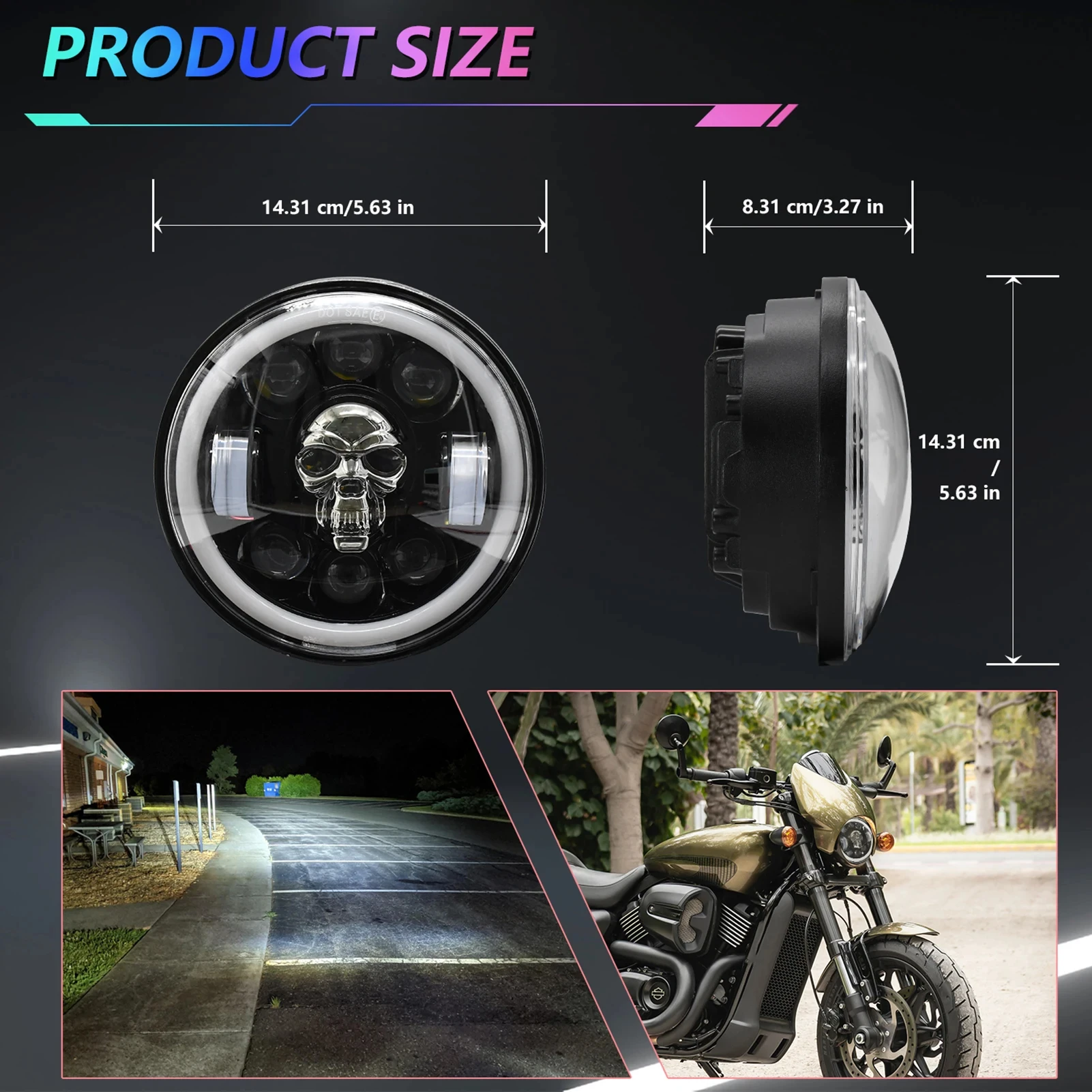 5.75 inch Motorcycle LED Headlight Skull Pattern LED Headlight with High/Low Beam Turn Signal DRL Colorful Angle Eye Light