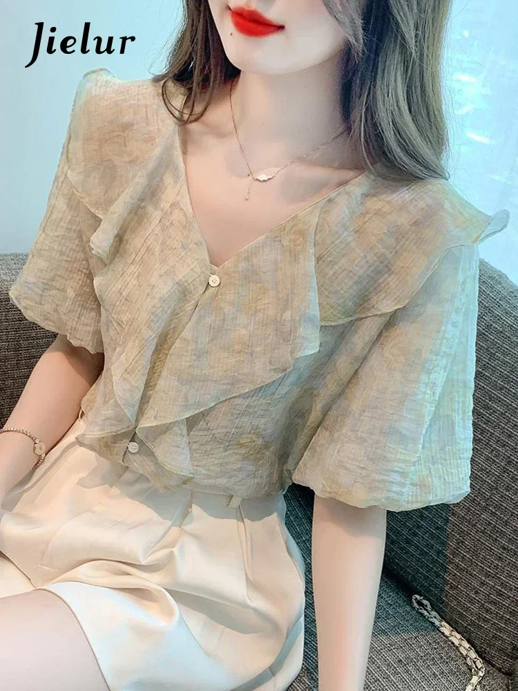 

Jielur Ruffled Puff Sleeve V-Neck Women's Shirts New Chiffon Floral Casual Chic Korean Style Female Shirt Elegant Office Lady