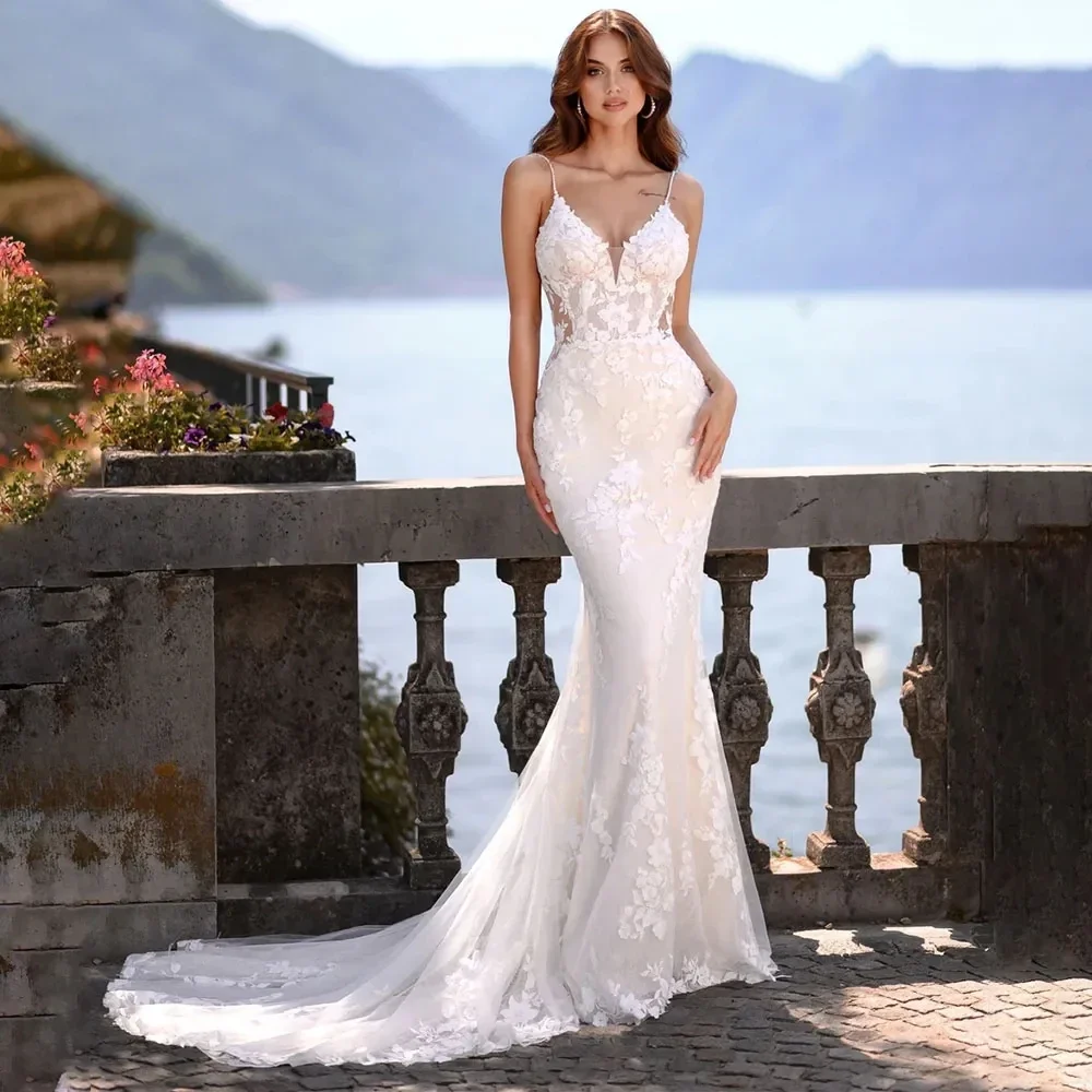 Vestido de praia sem encosto, Sexy V-Neck Wrap, Mermaid Lace, Decalque 3D, Casamento na praia, Nupcial, Personalizado