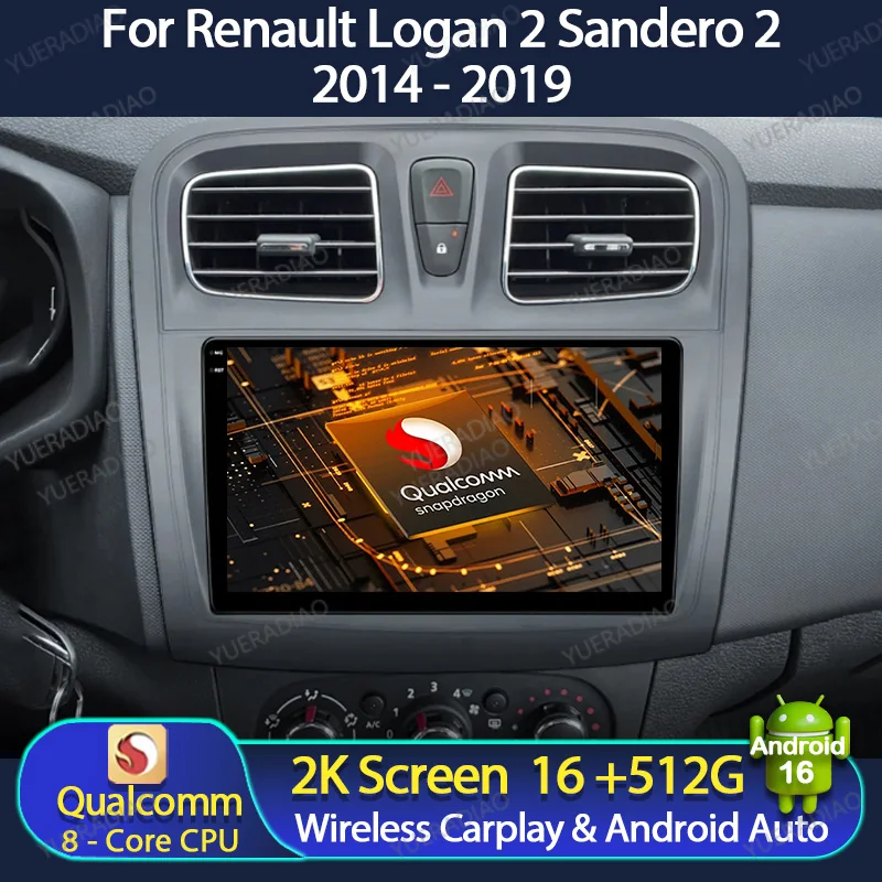 Rádio Automotivo Android 16 para Renault Logan 2 2012 - 2022 Multimídia Estéreo Reprodutor de Vídeo 4G LTE 5G WIFI Unidade Central GPS NAVI Carplay BT