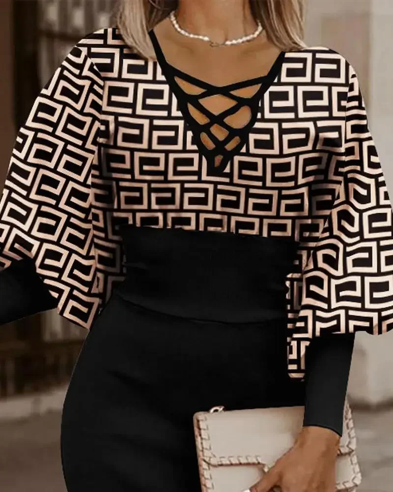 Damen-Kleid mit überkreuztem V-Ausschnitt und Print, figurbetontes Midikleid, elegantes Party- und Arbeitskleid – Detail 10