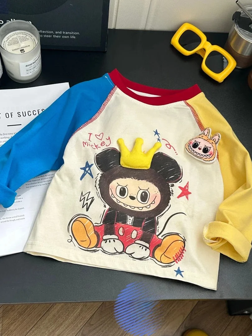 Maglietta Lunga Coreana per Ragazze con Patchwork Colorato, Base in Cotone, Novità Autunnale alla Moda per Bambini...