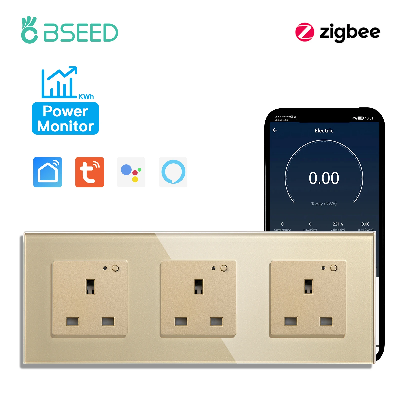 BSEED UK Standaard Zigbee Power Monitor Socket Slimme dubbele elektrische stopcontacten Tuya Smart Iife Google Home Control 13A