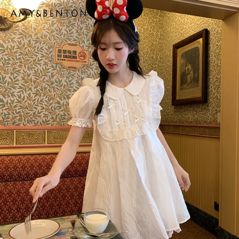 

2024 New Preppy Style Ruffled Collar Sweet Solid Color White Yarn Lace Edge Pleated Lightweight Breathable Soft Dress For Girls