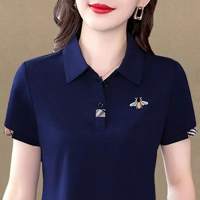 Lapel Cotton Tops Casual Short Sleeve T-shirt Women\'s Summer 2023 New Polo Shirt High Quality Female Black Red Slimming T-shirts