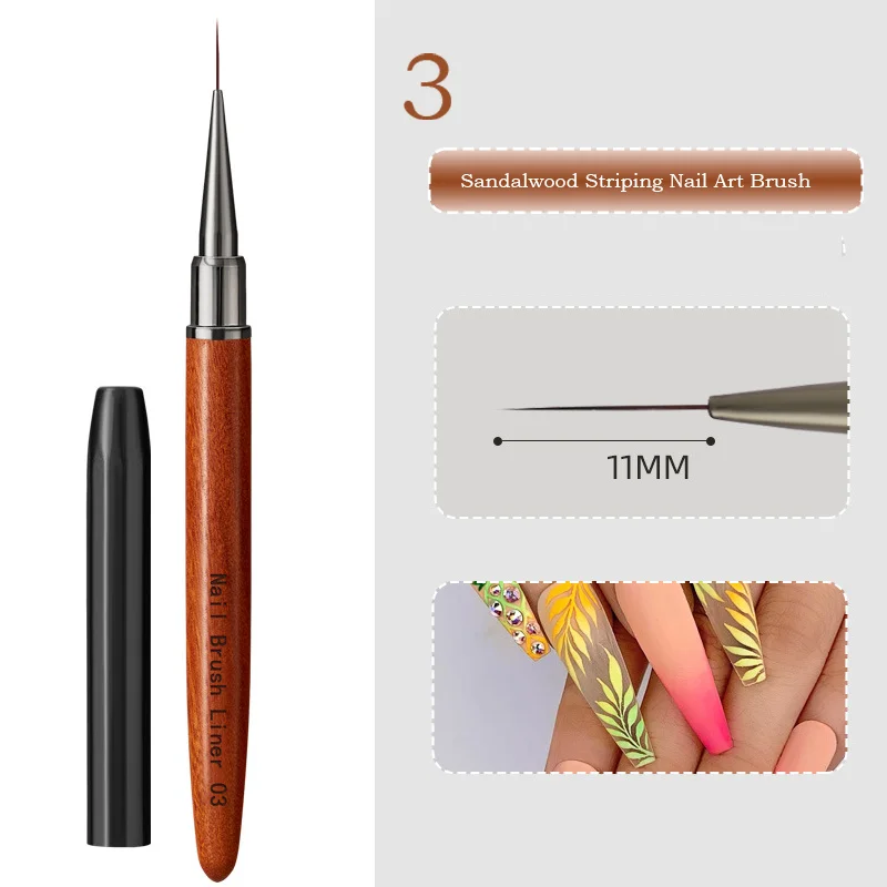 Set di pennelli per nail art con manico in legno di sandalo da 12 pezzi Pennelli di precisione per dettagli, rivestimenti, disegni a strisce di fiori NAB091