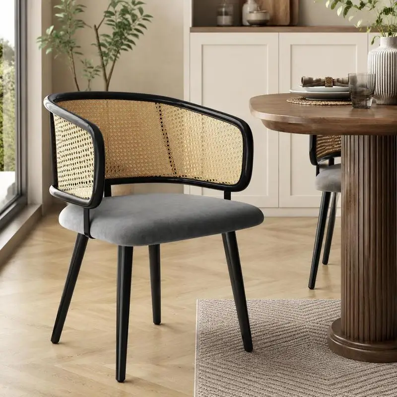 Lot de 2 chaises de salle à manger avec dossier en rotin, coussin en velours respirant, design minimaliste ergonomique, pieds en métal aspect bois, stable, charge 150 kg, pour salon, restaurant, café, appartement, petit espace, dimensions 47x51x79 cm