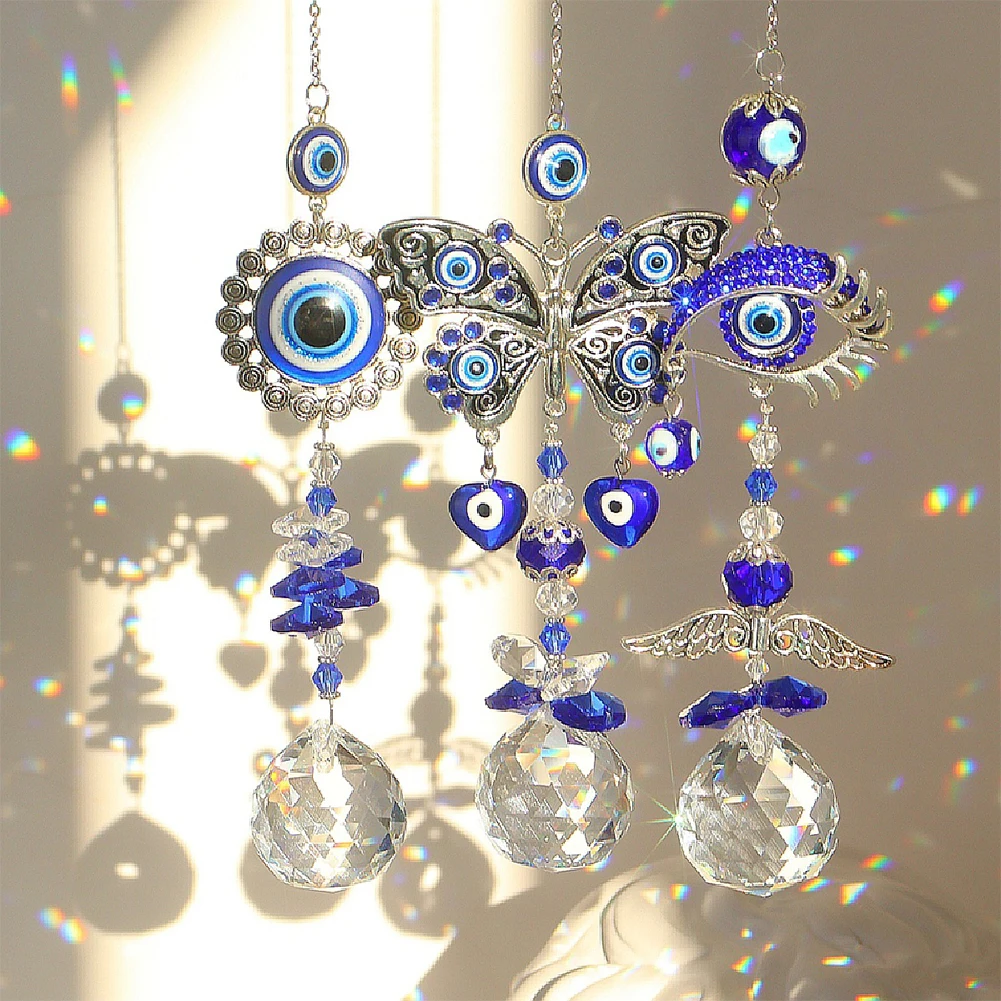 Crystal Door Window Decoration Handmade Crystal Prism Suncatcher Craft Turkish Blue Evil Eye Amulet Rear View Mirror Accessories