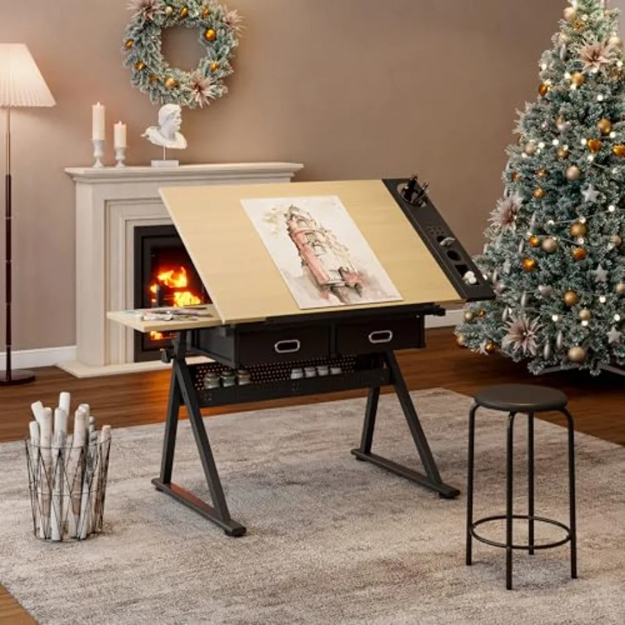 Adjustable Height Drafting Table w/Stool - Tilting Tabletop and 2 Storage Drawers - Art Craft Desk for Painting and Crafting -