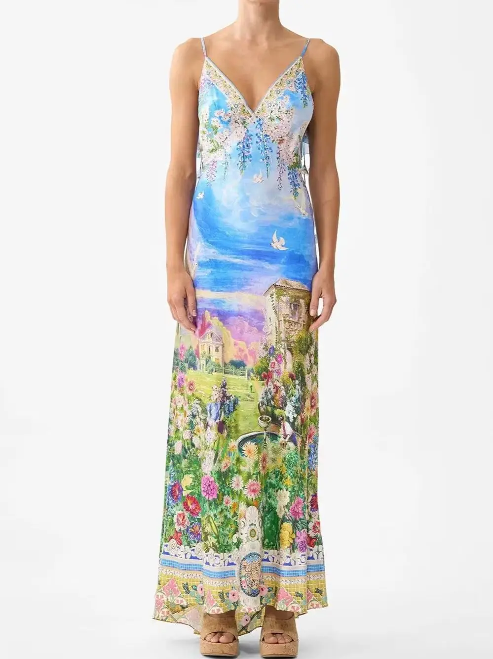 2026 Women Retro Print Sling Dresses Crystal Beaded Ruffles Spliced V-Neck Sleeveless High Waist Holiday Style Silk Long Dress