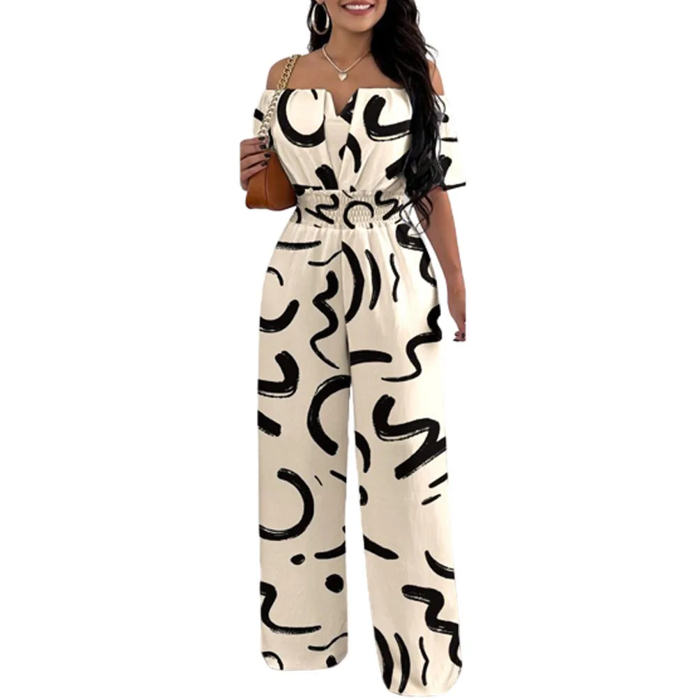 

Summer Fashion Printed Wide Leg Jumpsuits Women Sexy Beach Style Off-shoulder Short Sleeve Backless High Waist Womem Jumpsuit