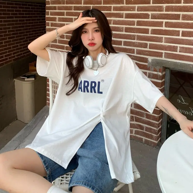 

Letter Printed Split T-Shirts Women Summer New Loose O-neck Niche Mid-Length Half Sleeve Tops Casual Versatile Basic Tees Female