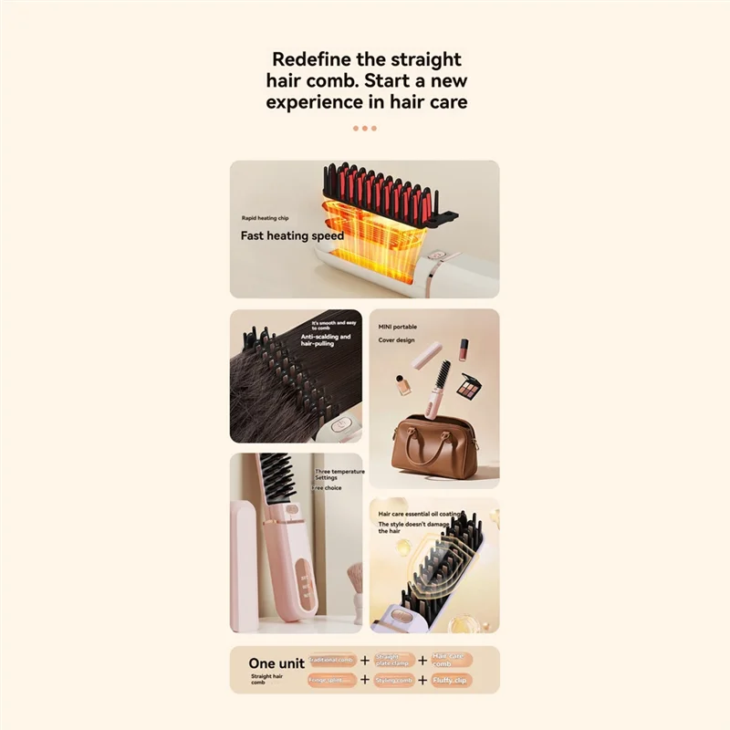 A98G-Cordless Portable Straightening Brush For Women Negative Hot Comb Mini Hair Straightener Brush