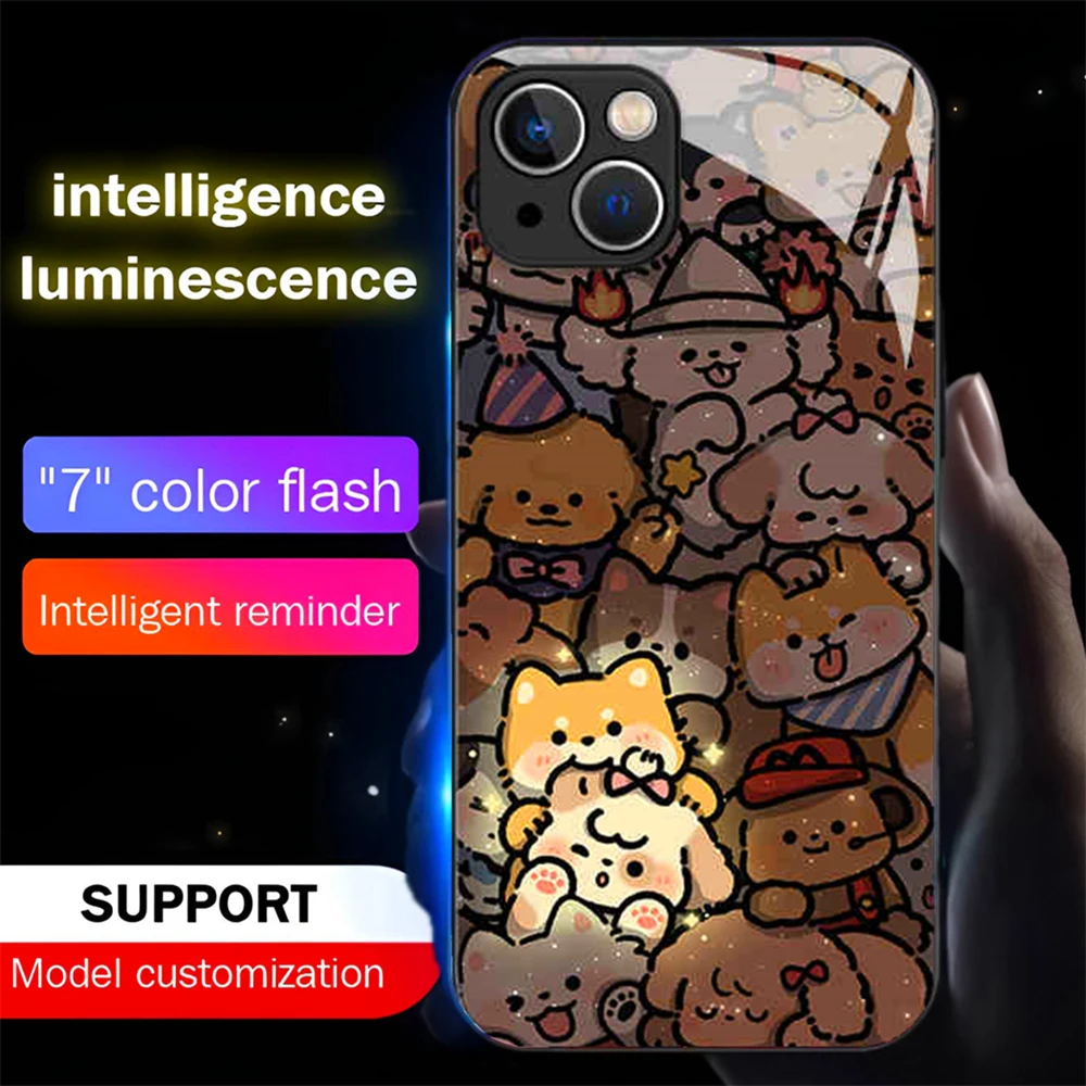 Naughty Corgi Design Luminous Glass LED Call Light Up Flash Phone Case For Samsung S24 S23 S22 S21 S20 FE Note 10 20 Plus Ultra