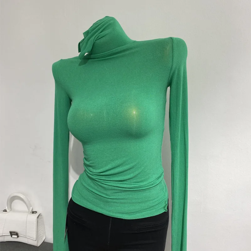 Dünnes, weiches amerikanisches Langarm-T-Shirt mit hohem gestapeltem Ausschnitt, enge Perspektive, Unterhemd für Damen, Slim-Fit-Tops, sexy Streetwear – Detail 12