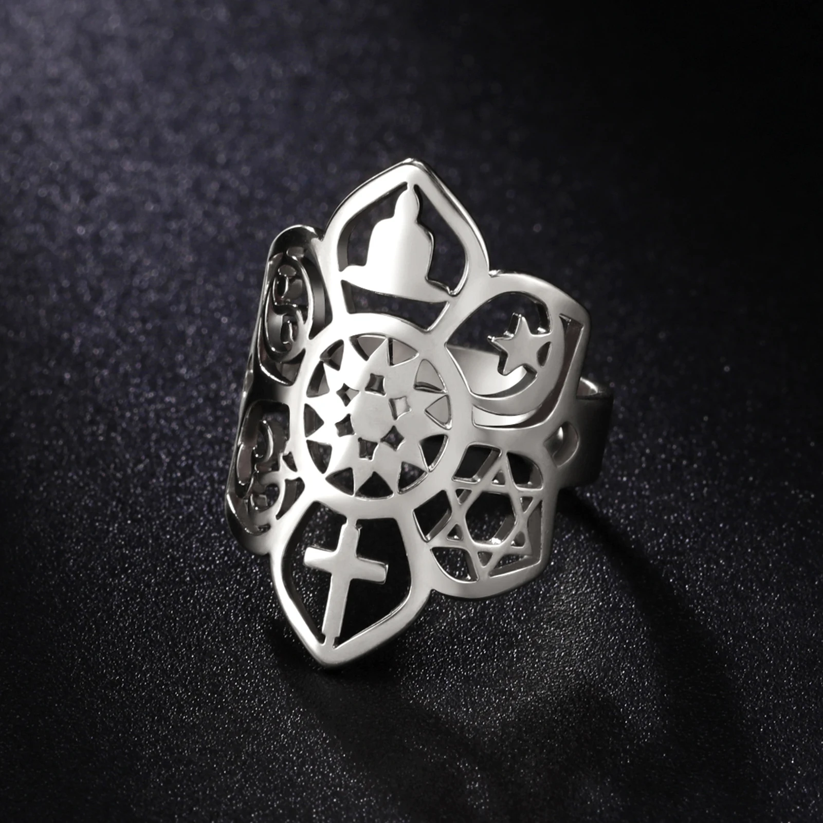 LIKGREAT Stainless Steel Lotus Flower Ring Moon Star Yoga Cross Star of David YinYang Symbol Rings Spiritual Amulet Jewelry
