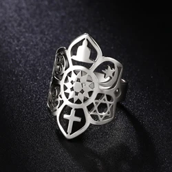 LIKGREAT Stainless Steel Lotus Flower Ring Moon Star Yoga Cross Star of David YinYang Symbol Rings Spiritual Amulet Jewelry