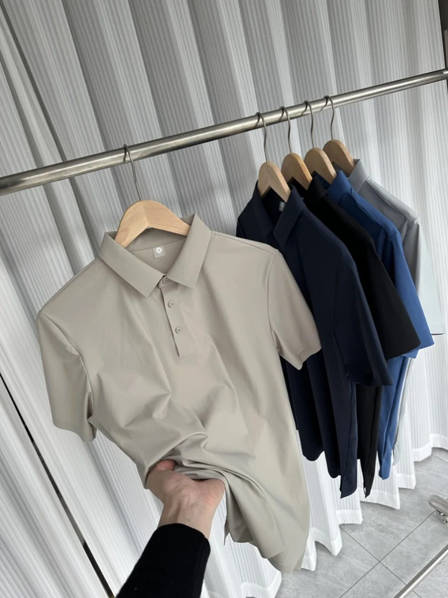 

Laser Cut Ice Silk irt Мужская летняя дышащая ort Sve Faionable Urban Sle Stand Fit Pure Color