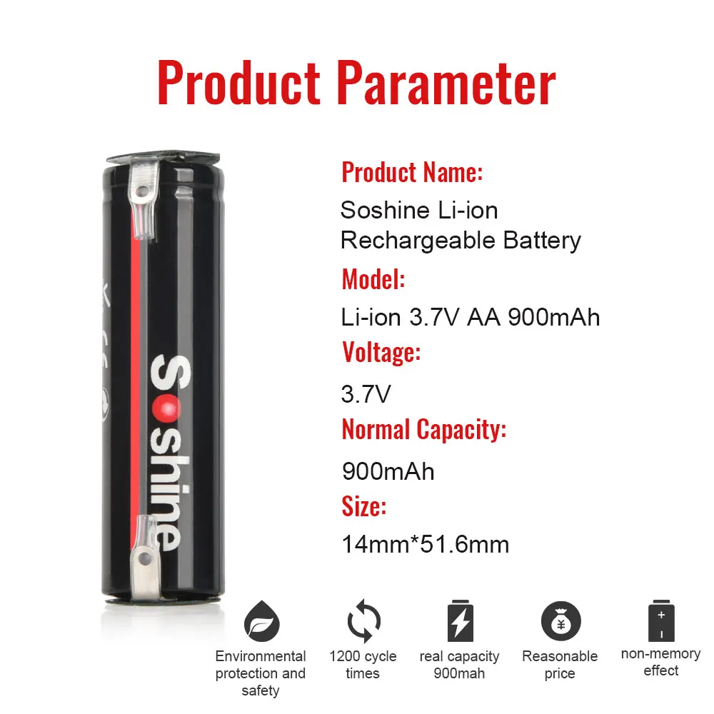 Soshine 14500 AA 900mAh Rechargeable Battery with Welding Tabs Lithium Batteries 3.7V Li-ion 900mAh Batteries for Hair Clipper