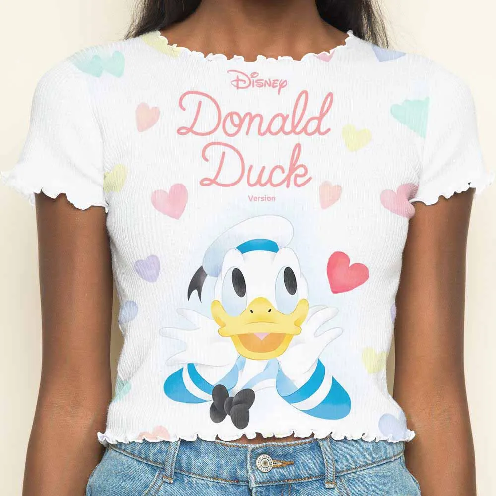 Woman Clothing T-shirts Summer Clothes Women 2024 Short Sleeve Crop Tops Sexys Donald Duck T-shirt Lettuce Trim Top Disney Tees