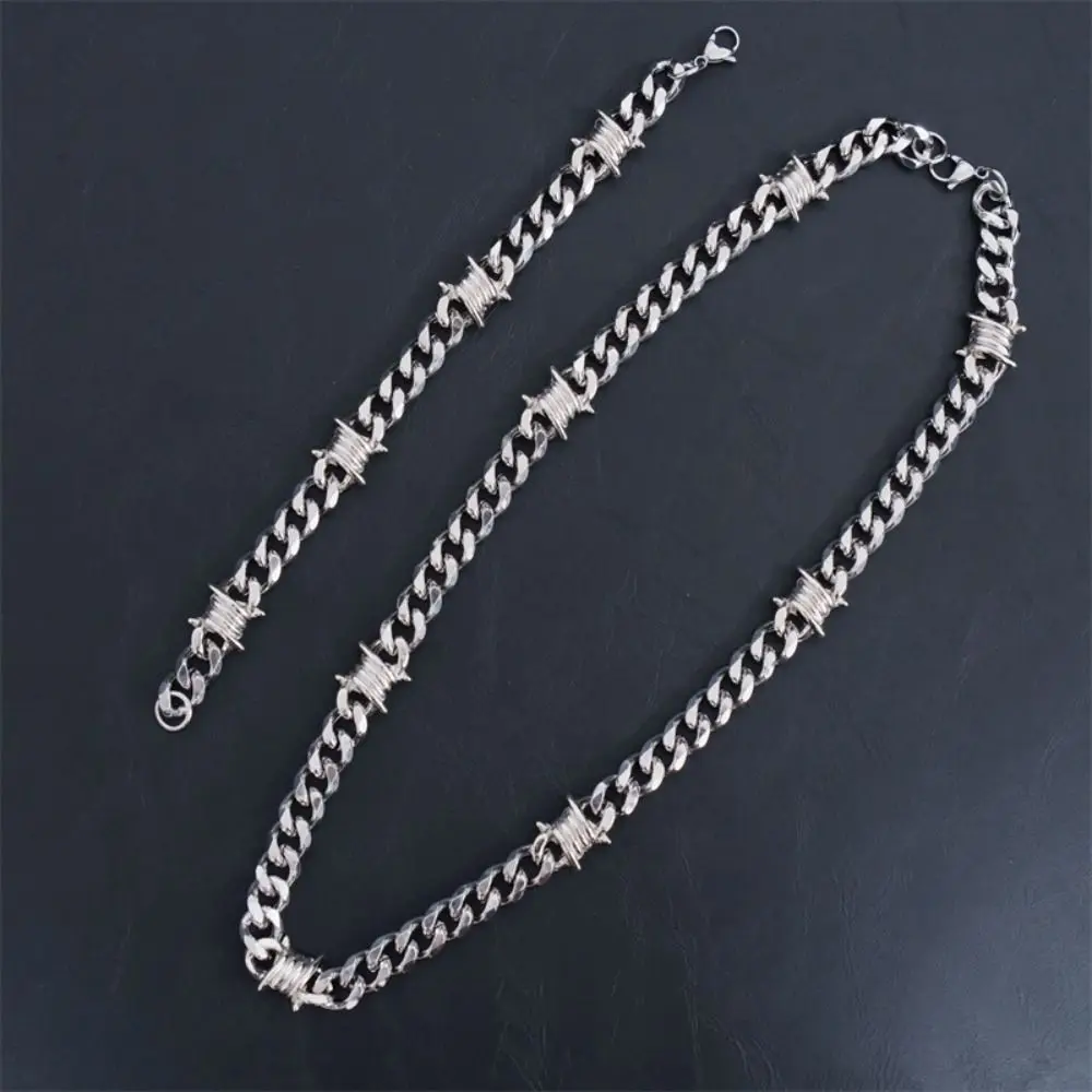 Titanium Steel Cuban Bracelet Neo-Gothic Chain Collar Barbed Wire Necklace Punk Style Silver Thorns Choker Necklace Jewelry Gift