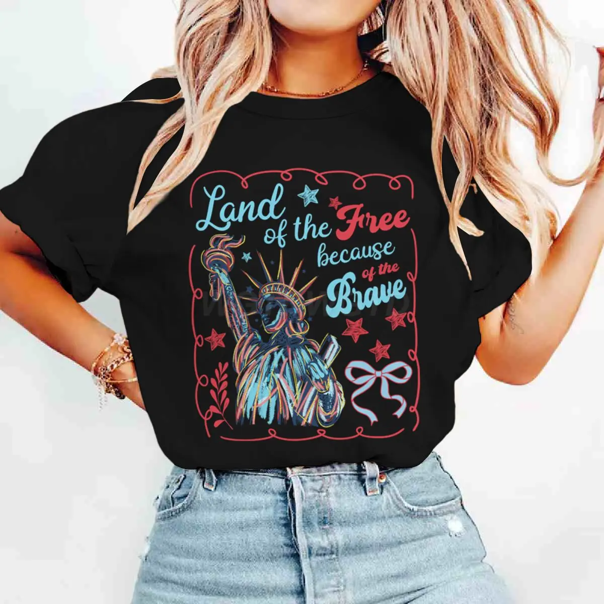 Land Of The Free Because Of The Brave T-Shirts 4th Of July T-shirt Short Sleeve Funny Casual Summer Tops Women's Clothing