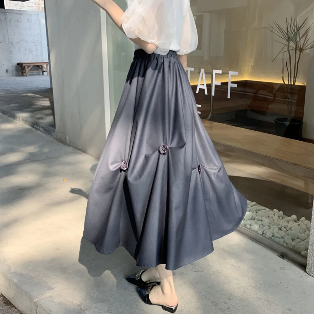 Summer Y2k 3D Flower Irregular Pleated Skirt Gothic Women Gray A-Line Skirt Harajuku Preppy High Waist Midi Skirts Streetwear