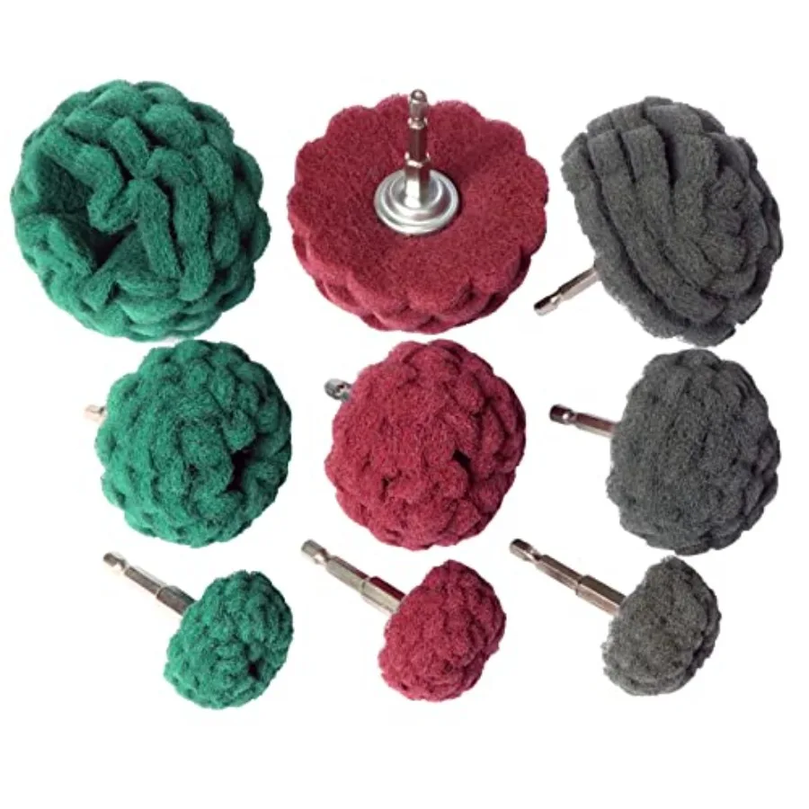 9PCS Scouring Pads Abrasive Buffing Polishing Wheel Drill Attachment Set, Non Woven Wheel Polishing Kit for Drill, Power Scrubb