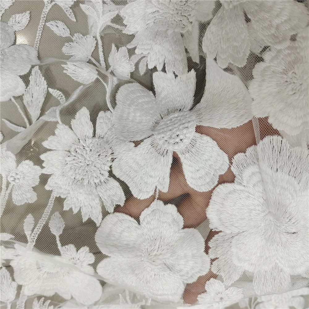 Reiner Baumwoll-Stickerei-Blumen-Spitzenstoff, 3D-Applikation, Hochzeitskleid, Braut, individuell, hochwertig – Detail 5