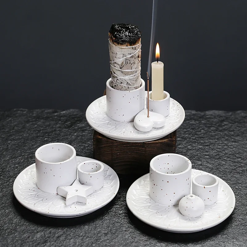 Soporte para quemador de incienso de cerámica, multifuncional, 4 en 1, para palos de salvia Palo Santo, velas y cristales, Ideal para Navidad, 1 Uds.