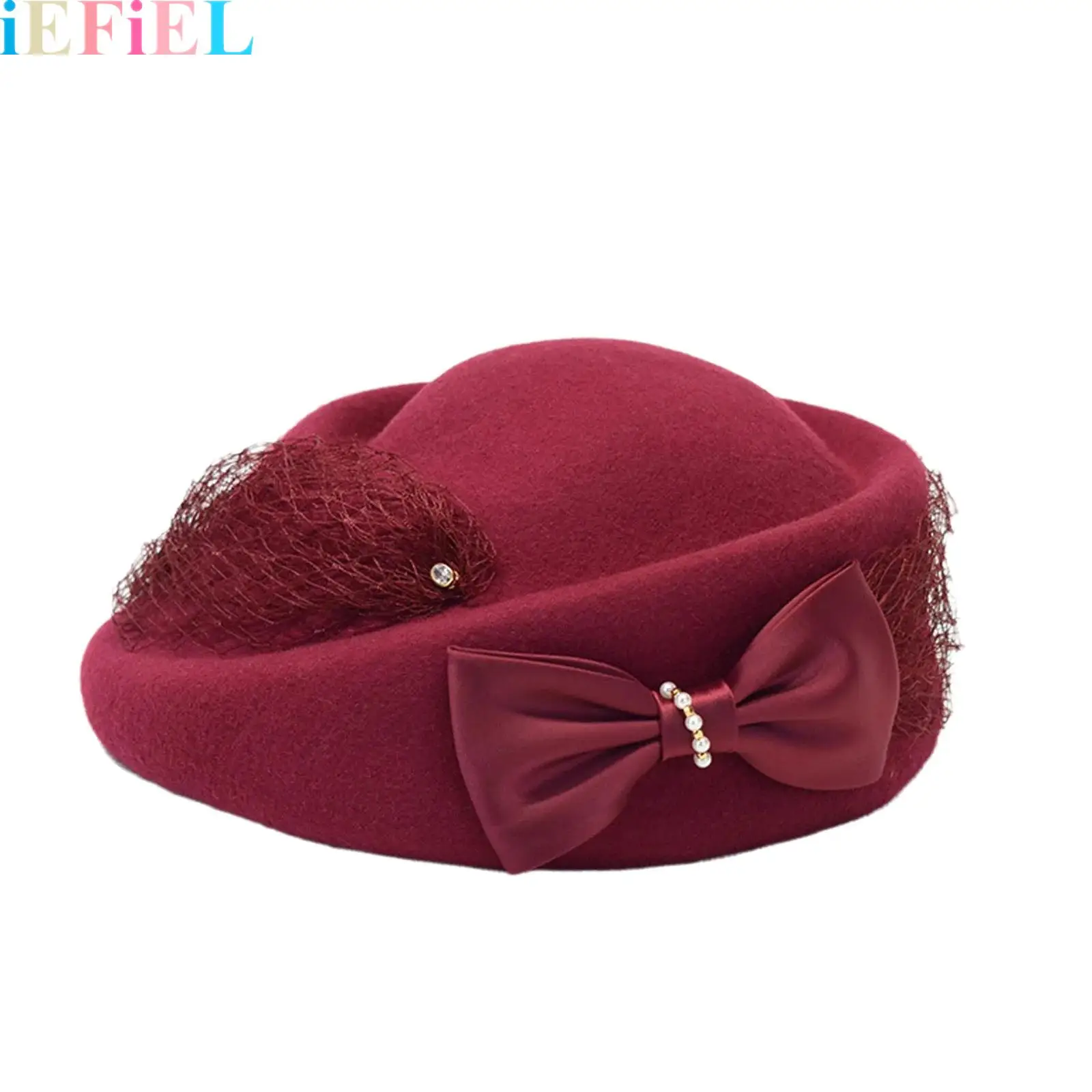 

1Pcs Women Bow-Tie Wool Felt Pillbox Hat Adorned with False Pearls for Wedding Church Hat Bowknot Fedoras