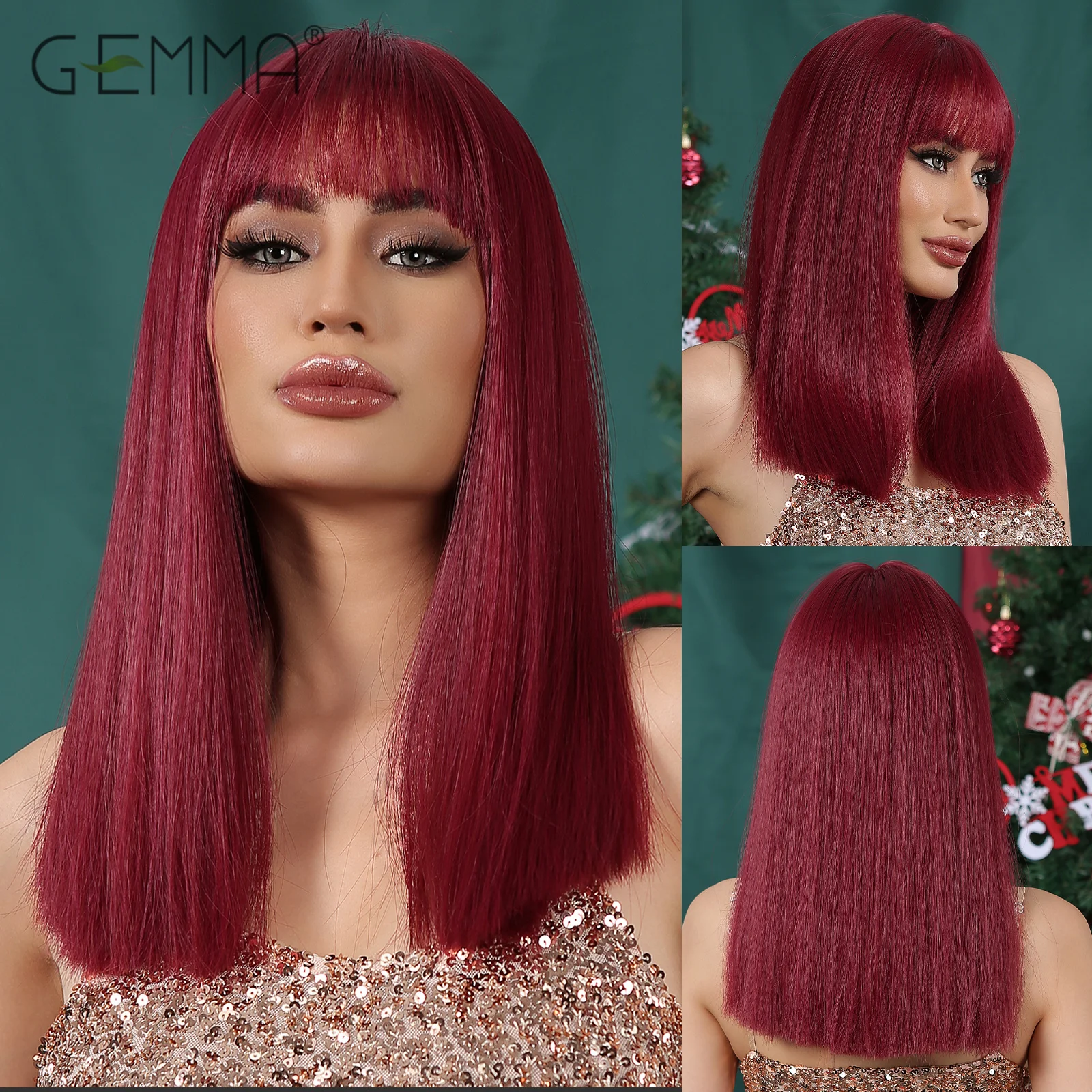 Middle Length Synthetic Wig Mixed Brown Ombre with Bangs