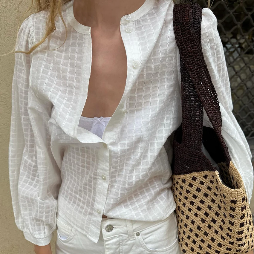 

Linad White Plaid Simple Style Long Sleeve Blouse Full Open Front O-Neck Elegant Fitted Woman Shirts 2025 Pure Cotton Sheer Tops