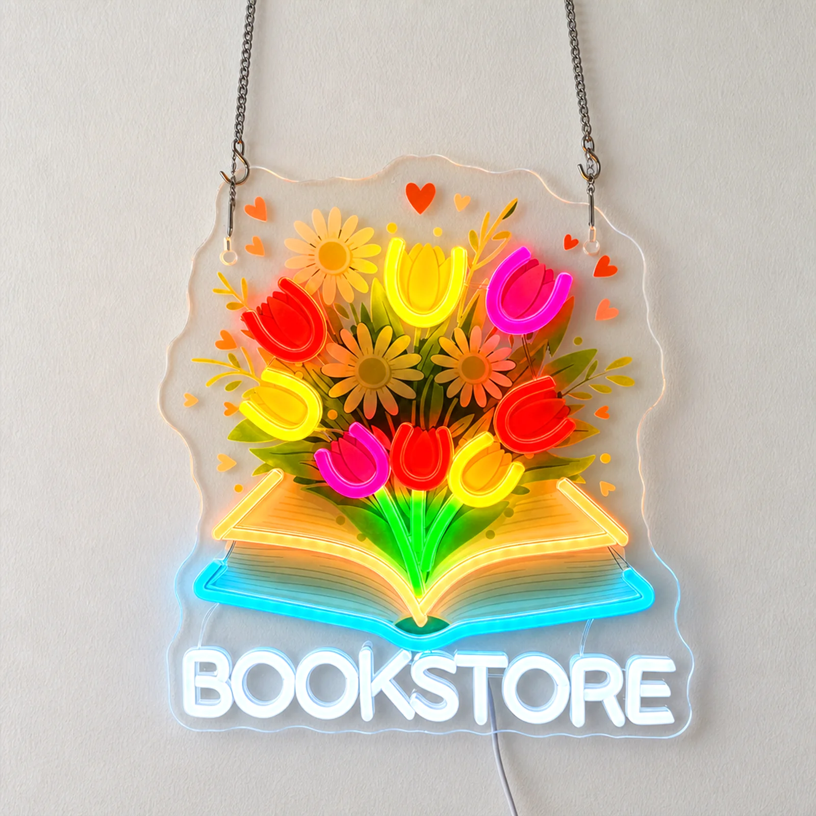 Colourful neon bookshop floral decorative light sign; LED neon sign suitable for bookshops, flower-themed bookshops and reading