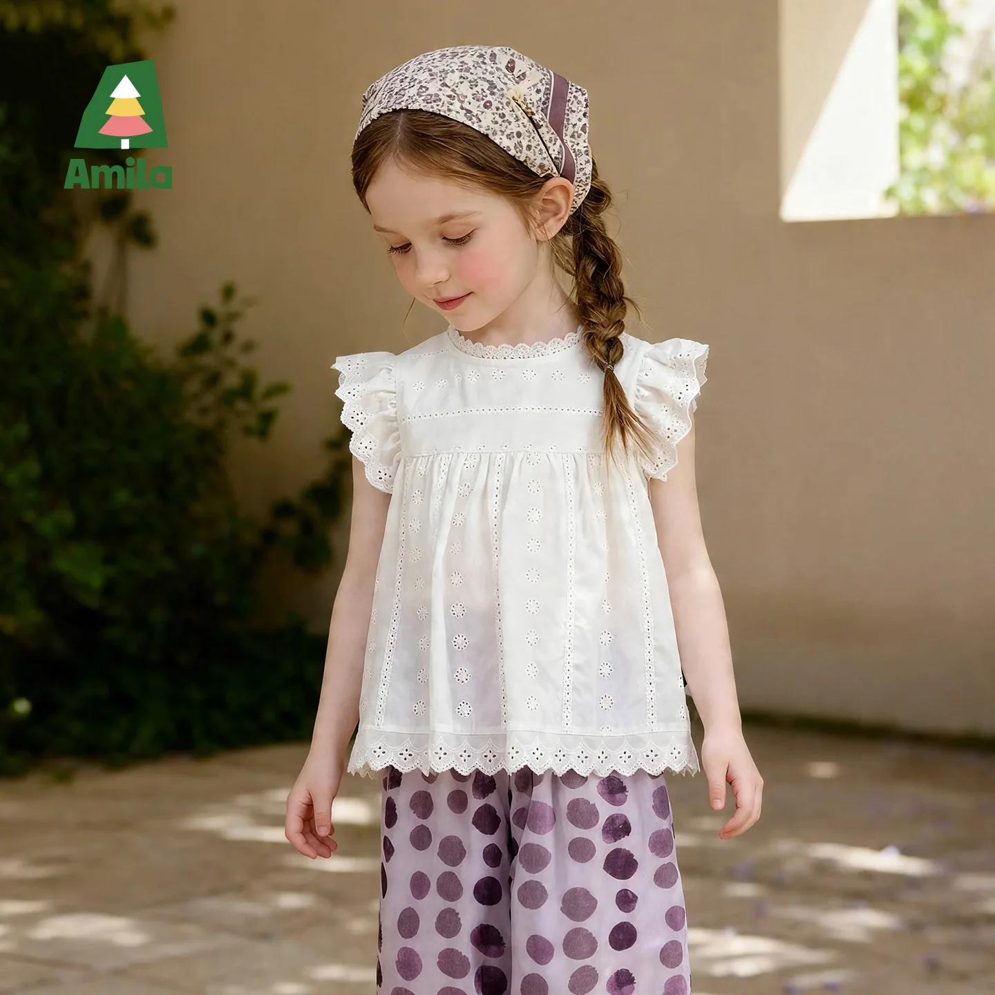 Amila 2026 Summer New Girls' Shirt Exquisite Embroidered Lace-Up Small Flying Sleeves Sweet And Cute Energetic Daily Doll Shirt