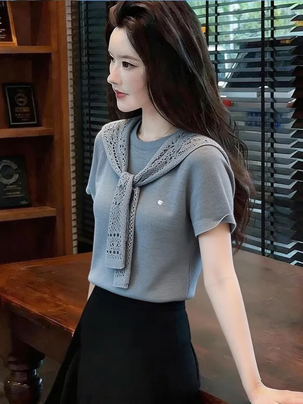 Sweet Soft Pink round Neck Shoulder Wrap Loose Short Sleeve Knitted T-Shirt Women's Summer Anti-aging Casual Style Top