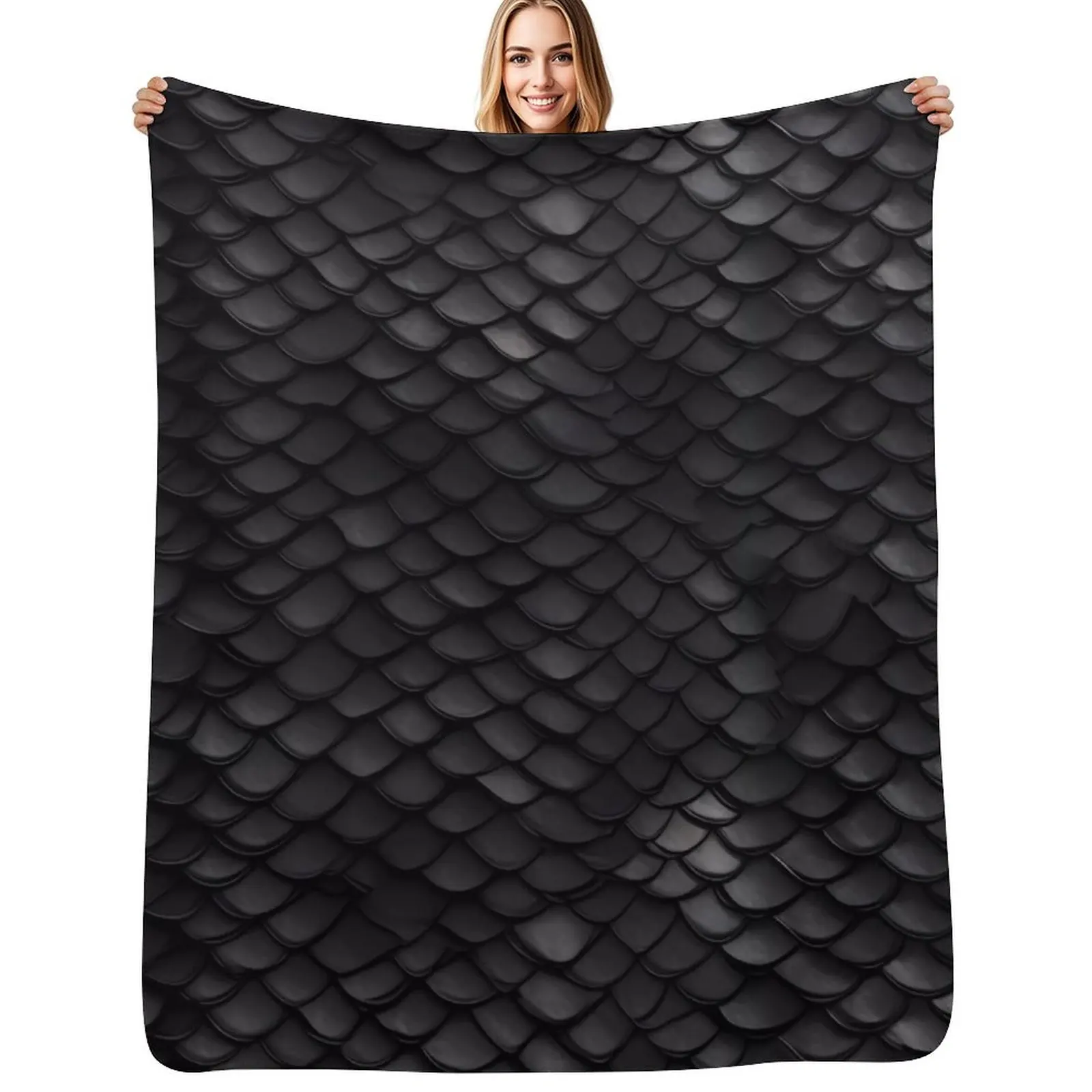 Black Dragon Scale Pattern Throw Blanket Soft Solid Color Blanket for Couch Bed